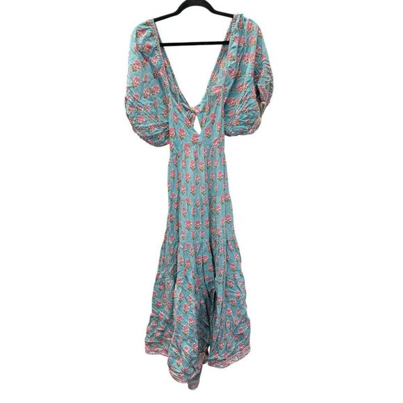 Saylor Annaleise Blue Dahlia Block Print Cotton Midi Dress Size M Boho Tie Back - Picture 6 of 14